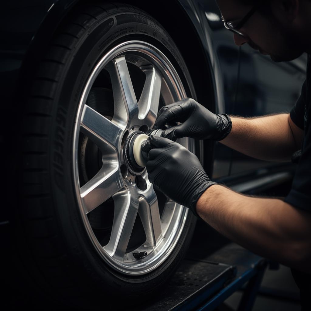 Professional wheel repair technician restoring a luxury vehicle rim in Orange County